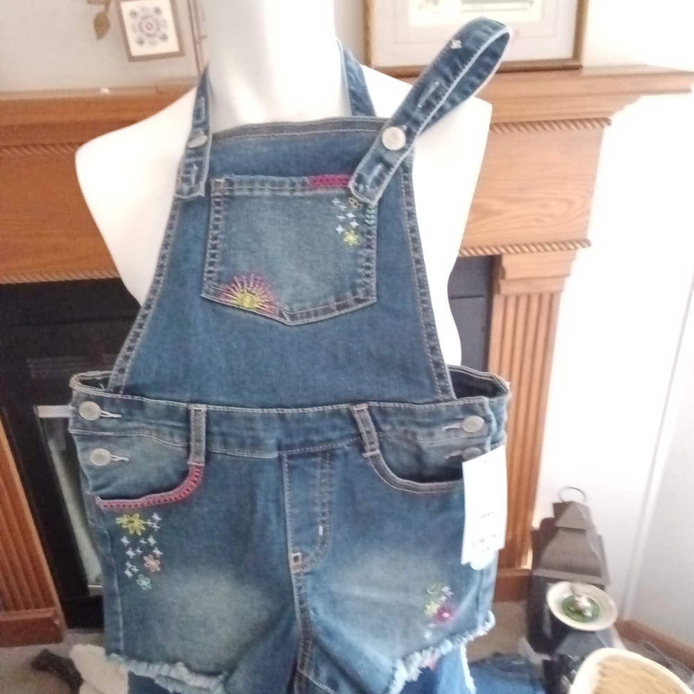 Cat & Jack Blue Denim Overalls with Colorful Embroidery
